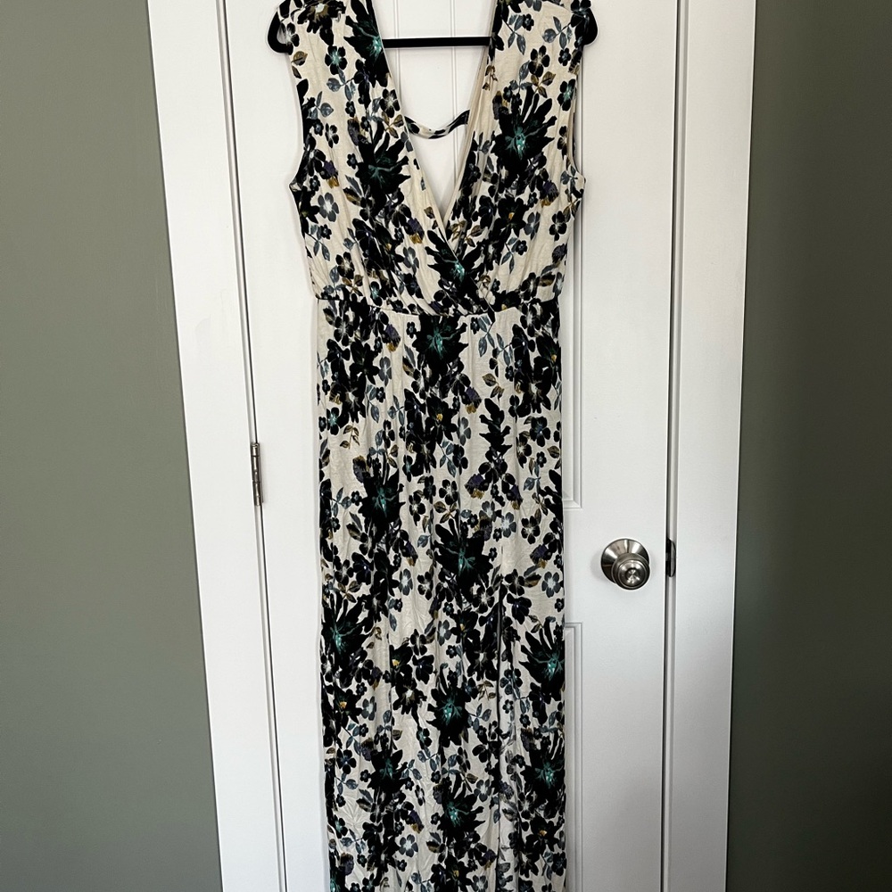 Floral V-Neck Maxi Dress - Black, Green and Cream